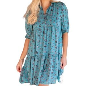Natural life Becca mini Floral Teal Dress pink flowers size medium NWOT collared
